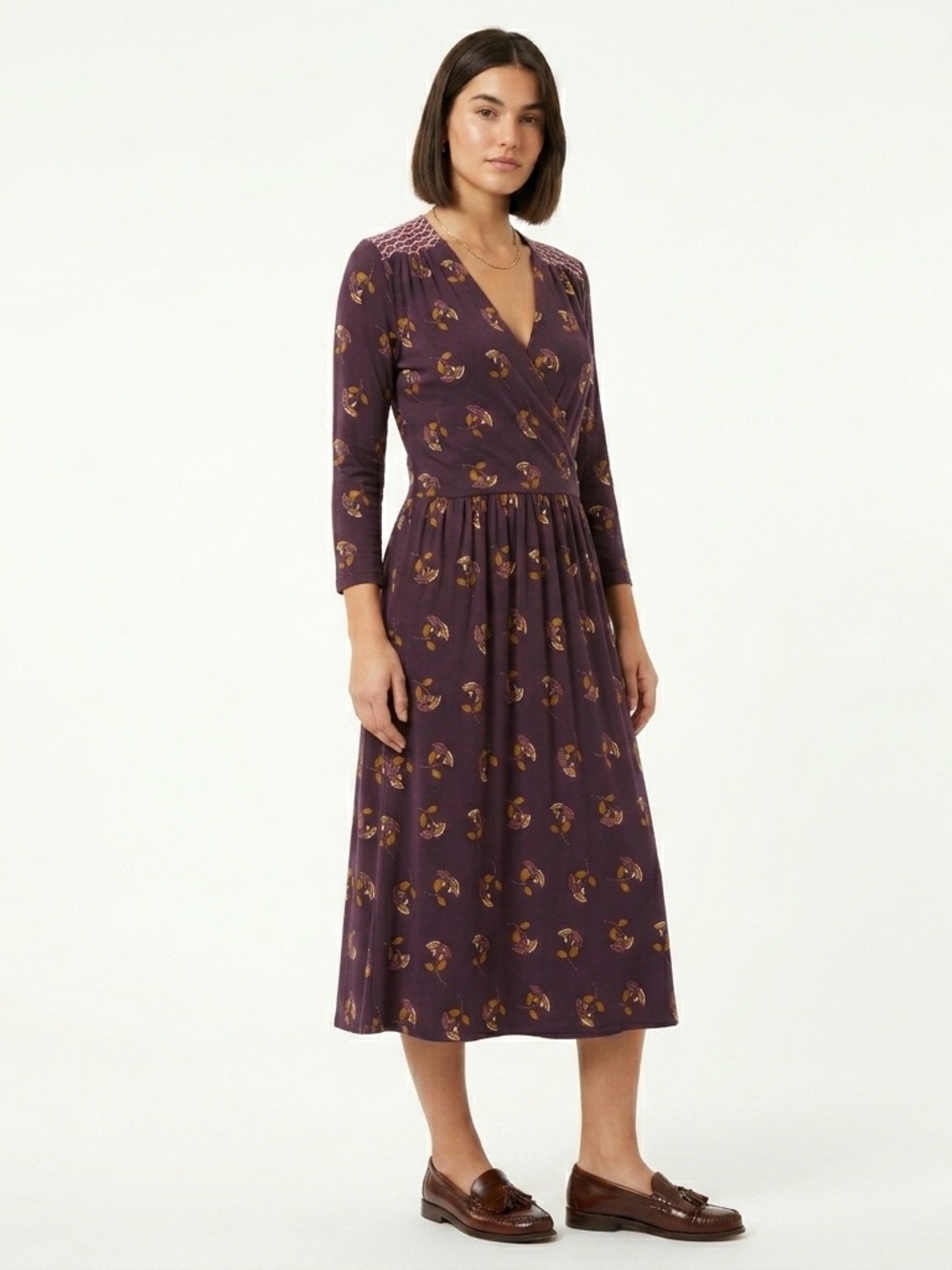 Boden Purple Floral Faux Wrap Scalloped Shoulder Midi Dress 8L